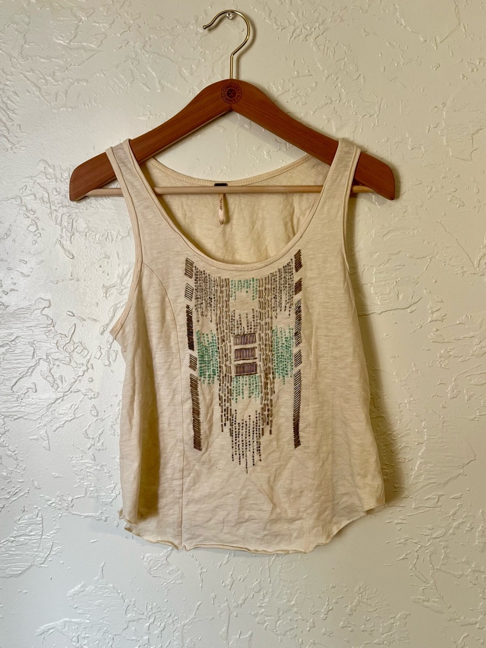 Free People Women's Cream Tank Top with Beaded Aztec Front Size Small